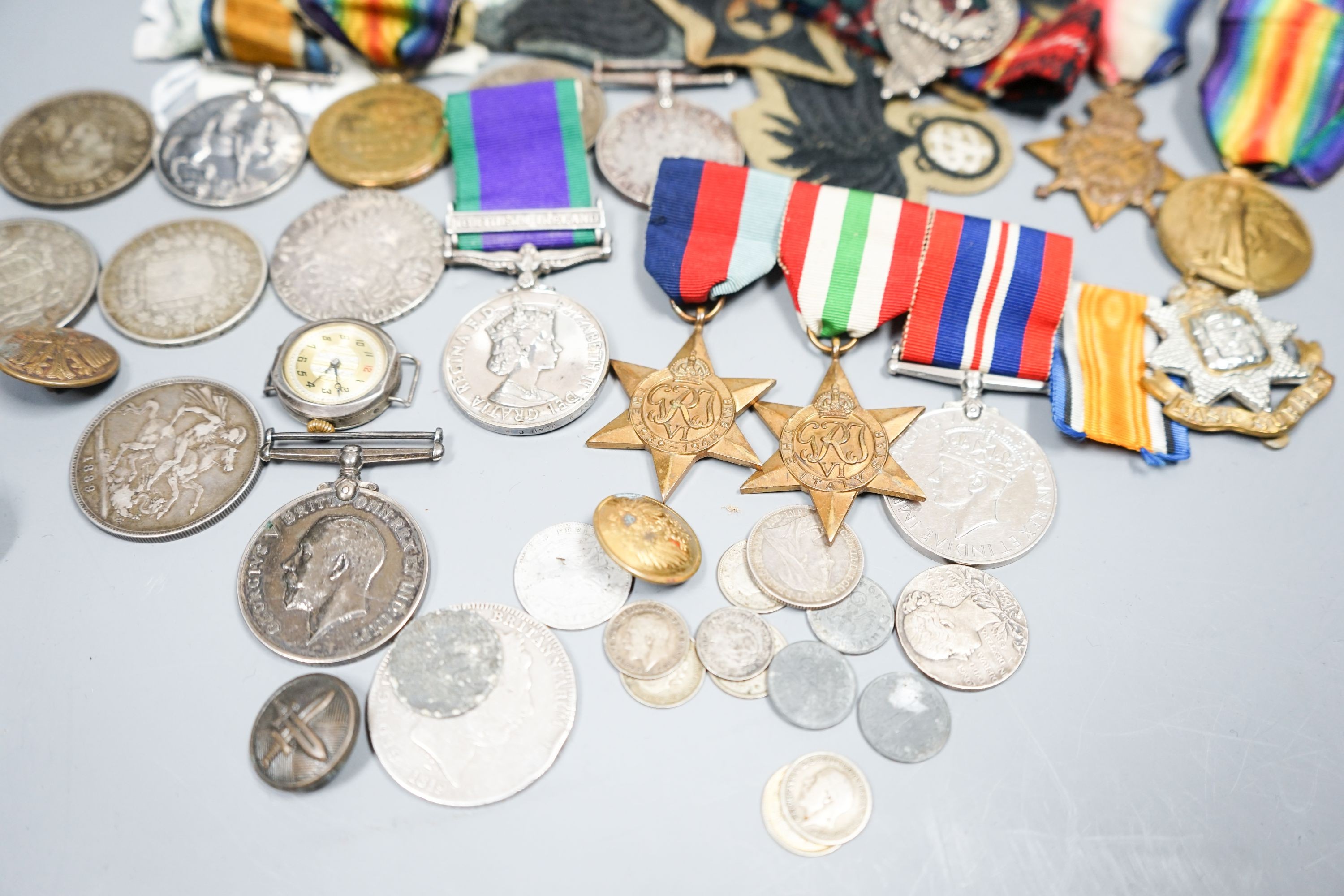 WW1 and WW2 medals, badges and coins etc.